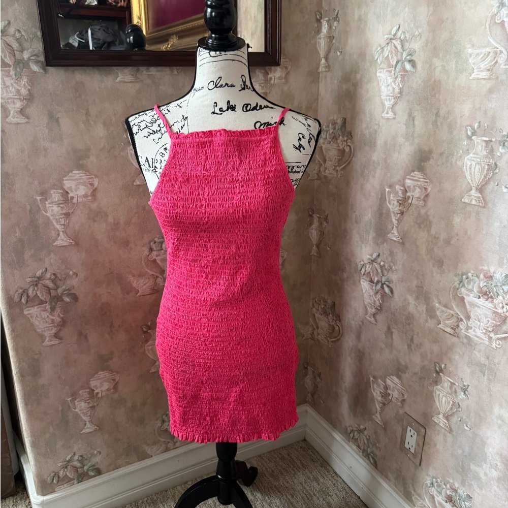 FREE PEOPLE IYLA SMOCKED SLEEVELESS MINI DRESS HOT PINK SP - Picture 2 of 7